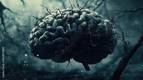 Fototapeta brain intertwined with dark branches, evoking mystery and the complexities of the human mind.