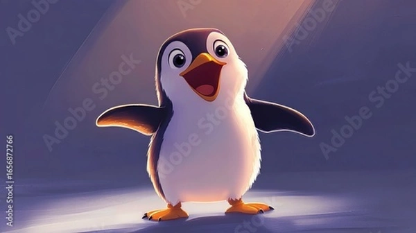 Fototapeta happy baby penguin chick. The illustration showcases the penguin in a joyful pose against a soft, arctic backdrop.