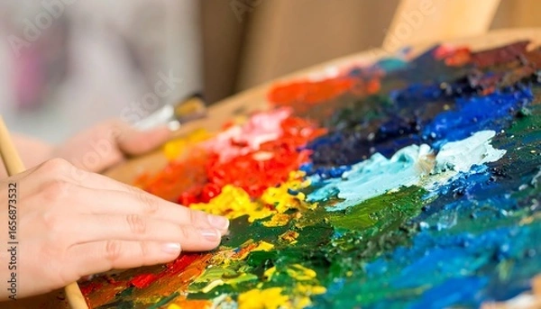 Obraz Close-Up of Artist Blending Thick Acrylic Paints on Canvas with Hand in Abstract Artwork Creation