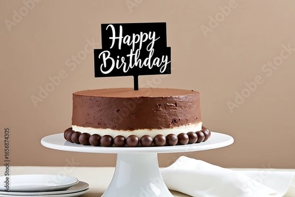 Obraz  a decadent chocolate birthday cake with a black happy birthday topper, presented on a white cake stand