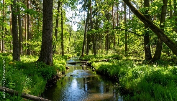 Obraz A tranquil forest stream meanders through a vibrant, sunlit woodland, showcasing lush greenery and towering trees.