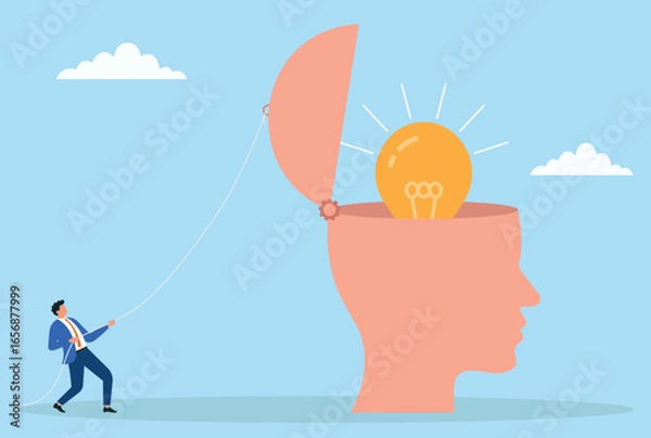 Fototapeta Vector illustration of a businessman pulling open a human head with a rope to reveal a glowing light bulb, symbolizing idea generation, creativity, innovation, and knowledge discovery
