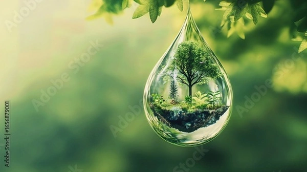 Fototapeta miniature ecosystem inside water droplet, symbolizing environmental preservation and the delicate balance of nature.
