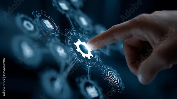 Fototapeta Finger touches glowing gear in digital network touching