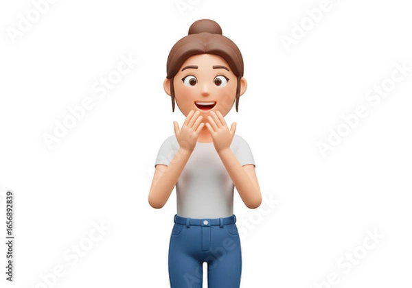 Fototapeta 3d cartoon girl with surprised expression, hands covering mouth, isolated on transparent background