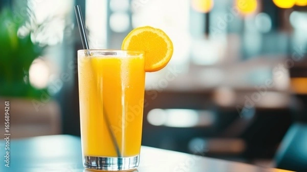 Fototapeta Refreshing orange juice served in a clear glass with a slice of orange in a contemporary cafe setting during daylight