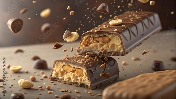 Fototapeta Delicious chocolate bar with peanuts and nougat breaking apart