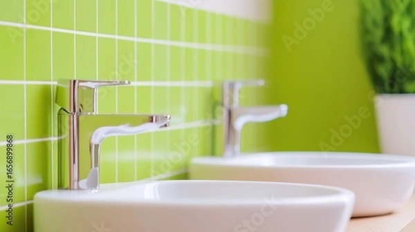Fototapeta Modern bathroom design featuring two stylish sinks and vibrant green tiles for a fresh atmosphere