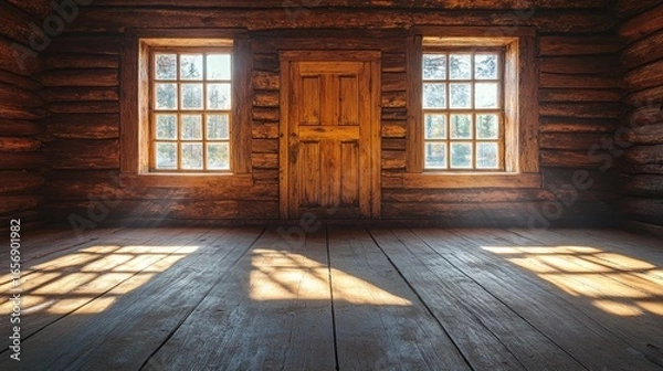 Obraz Rustic cabin interior with wooden walls, door, and windows letting in sunbeams. Perfect for backgrounds, illustrating warmth, shelter, or simpler lifestyles.