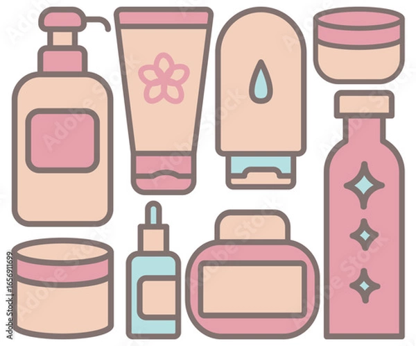 Fototapeta Vector illustration featuring assorted cosmetic items in soft pink and beige hues. Bottles, tubes, jars, droppers ideal for beauty, skincare, spa themes. Versatile for branding, marketing, digital use