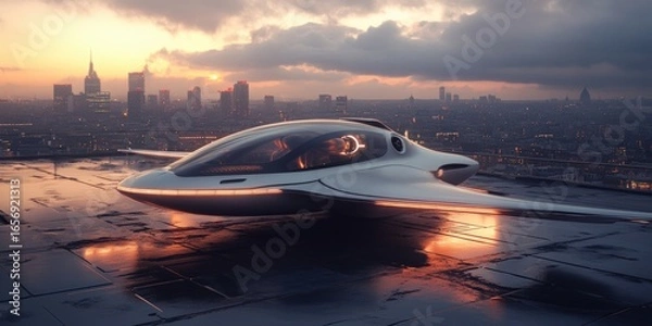 Fototapeta Futuristic flying vehicle soars over urban skyline at dusk high-tech concept aerial view enigmatic atmosphere