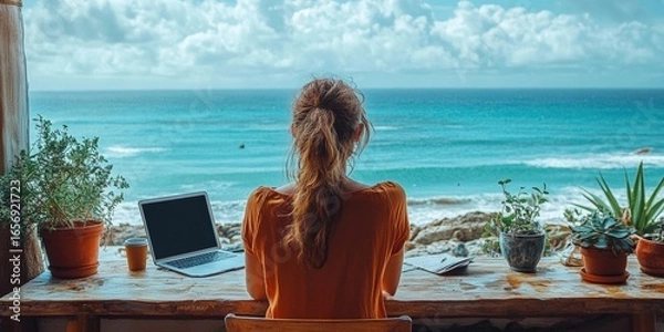 Fototapeta Enjoying remote work at a coastal viewpoint laptop setup ocean environment serene atmosphere