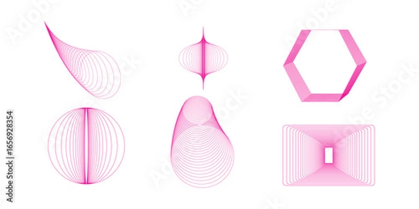 Fototapeta Various pink geometric shapes composed of lines on a white background creating abstract designs