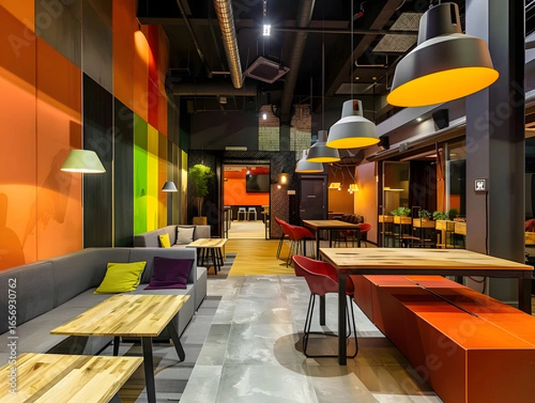 Fototapeta A colorful and stylish restaurant interior with bright contemporary furniture, cozy lighting, and an inviting ambiance, designed for a fun dining experience and a relaxed social atmosphere.
