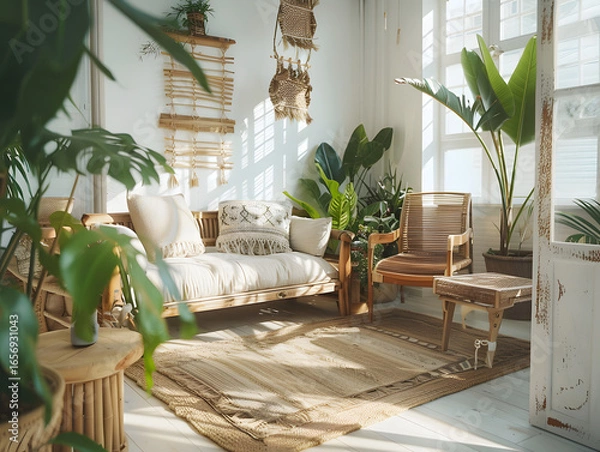 Fototapeta A cozy, bohemian-inspired living room filled with soft natural light, lush green plants, and warm wooden furniture, creating a peaceful and relaxing atmosphere that blends nature with modern design.