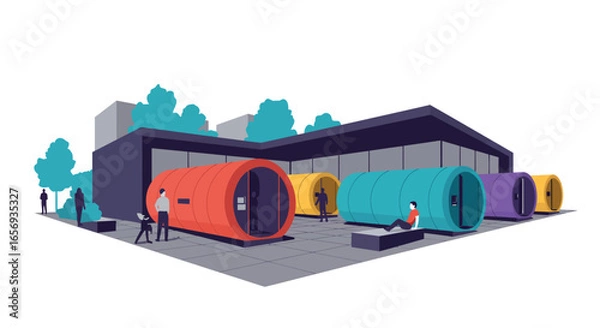 Fototapeta Modern tiny office pods with people in a vibrant urban setting