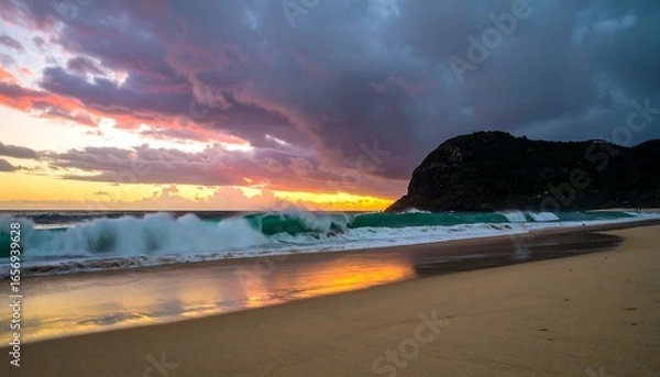 Fototapeta Dramatic coastal sunrise, with powerful waves crashing on a golden beach,  under a vibrant, colorful sky filled with dramatic clouds.