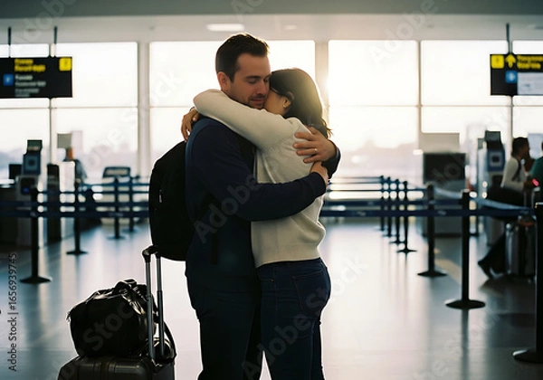 Obraz Emotional reunion airport couple hugging joyful embrace meeting after travel
