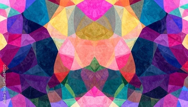 Fototapeta A vibrant, multicolored design, composed of overlapping polygons, showcasing a dynamic blend of colors and textures.