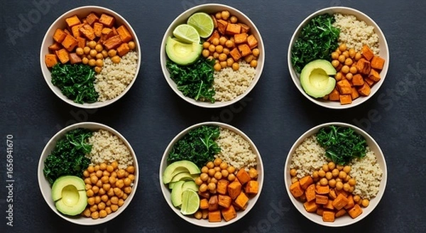 Fototapeta Healthy and vibrant Buddha bowls with sweet potatoes, chickpeas, and quinoa for nutritious eating