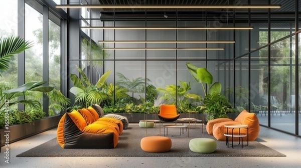 Fototapeta Sharp Rendered Office Interior With Relaxed Seating And Indoor Plants