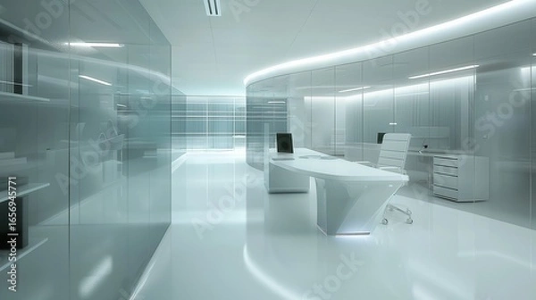 Fototapeta Minimal Futuristic Workspace with Sleek White Desks and Glass Dividers