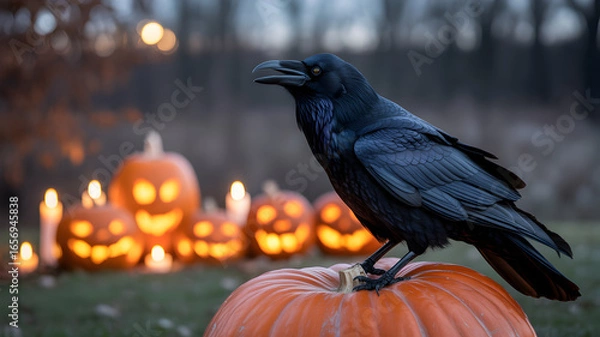 Fototapeta A black raven perched on a pumpkin with jack olanterns in background