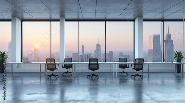 Fototapeta Minimalist Open Office Design Featuring Long Workstations And Mesh Chairs In Daylight