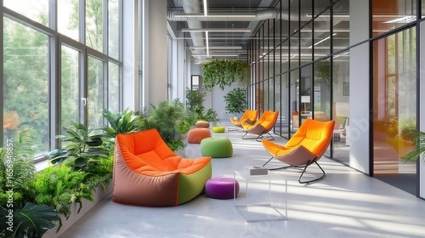 Fototapeta Modern Creative Workspace With Casual Lounge And Colorful Seating