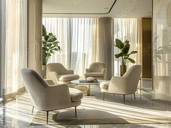 Fototapeta A high-end minimalist lounge area with elegant chairs, large windows, and soft natural light, creating a tranquil and sophisticated space designed for comfort, style, and modern living.