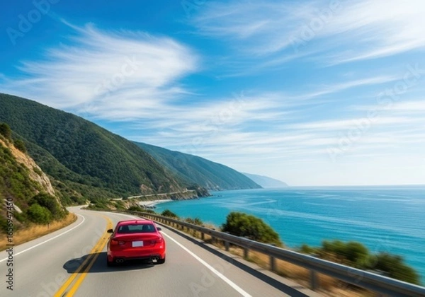 Fototapeta Red car driving on a scenic coastal highway with ocean views and blue sky