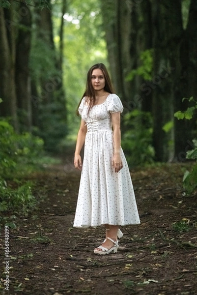 Fototapeta Portrait of a young beautiful dark-haired girl in a summer dress in the park in summer.