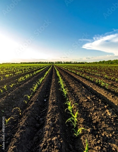 Fototapeta Cornfield rows under a clear sky