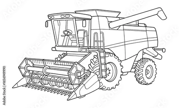 Fototapeta Combine harvester black and white outline with detailed machinery elements