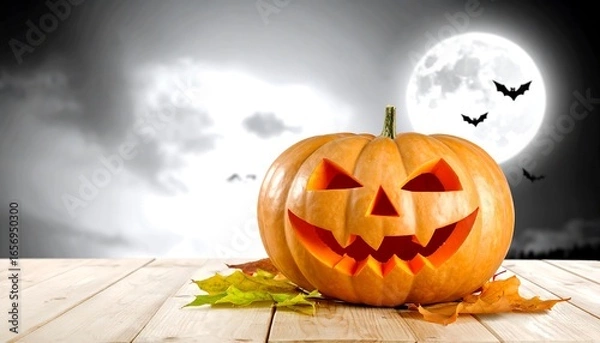 Obraz Jack-o'-lantern on a wooden surface against a spooky sky.