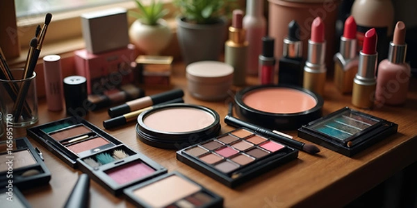 Fototapeta Makeup set collections of cosmetic accessories and instruments on wood surface