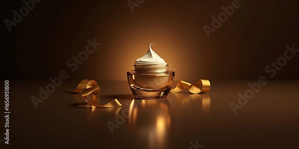 Fototapeta Premium 3d cosmetic glass cream bottle with royal gold face cream inside and gold ribbon on dark abstract background. Vector illustration.