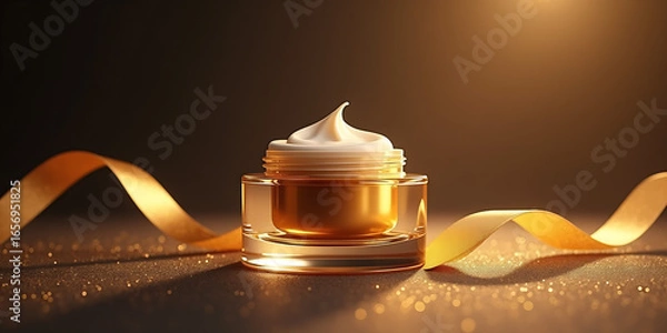 Fototapeta Premium 3d cosmetic glass cream bottle with royal gold face cream inside and gold ribbon on dark abstract background. Vector illustration.