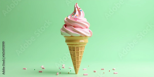Fototapeta 3D realistic ice cream with waffel cone and decorative sprinkles rotating on pastel background. Green screen footage. 4K seamless loop render animation