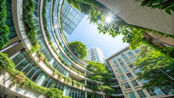 Fototapeta Green building with plants and trees in an urban environment on a sunny day