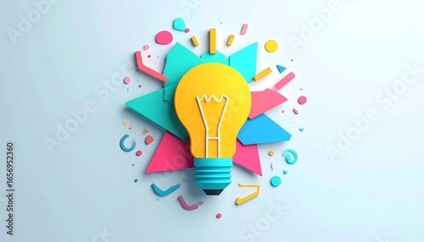Obraz A bright, yellow lightbulb, centered within a vibrant, colorful, and abstract composition of geometric shapes and textures, evokes a feeling of creativity and innovation.