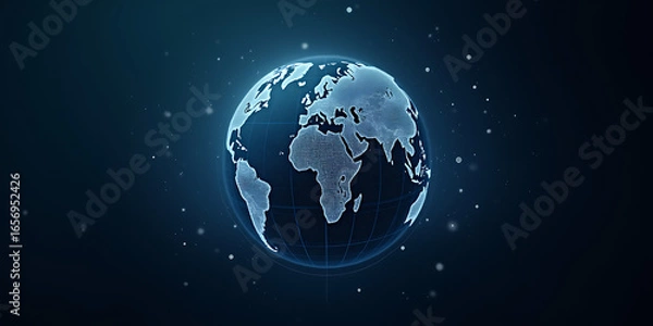 Fototapeta Digital world globe centered on Europe, concept of global network and connectivity on Earth, data transfer and cyber technology, information exchange and international telecommunication 