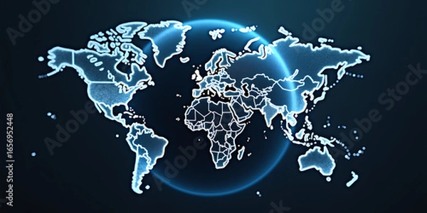 Fototapeta Digital world globe centered on Europe, concept of global network and connectivity on Earth, data transfer and cyber technology, information exchange and international telecommunication 
