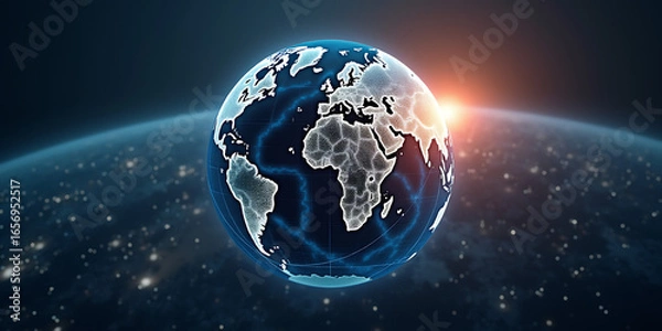 Fototapeta Digital world globe centered on Europe, concept of global network and connectivity on Earth, data transfer and cyber technology, information exchange and international telecommunication 