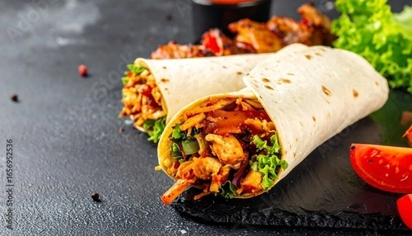 Fototapeta Two flavorful chicken burritos on a dark surface.