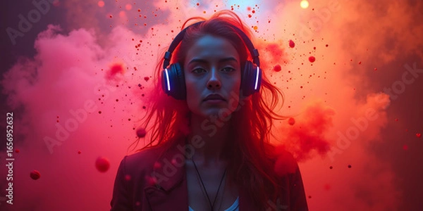 Fototapeta Stereo headphones exploding in festive colorful splash, dust and smoke with vibrant light effects on loud music sound, pulse, bass and beats, ready for party 