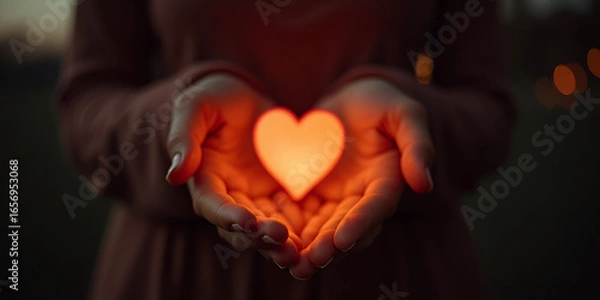 Fototapeta Woman hold glowing heart in hands against blurred background with bokeh lights. Love and romantic emotion concept.