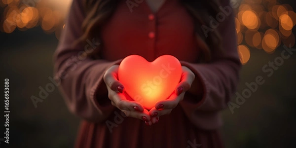 Fototapeta Woman hold glowing heart in hands against blurred background with bokeh lights. Love and romantic emotion concept.