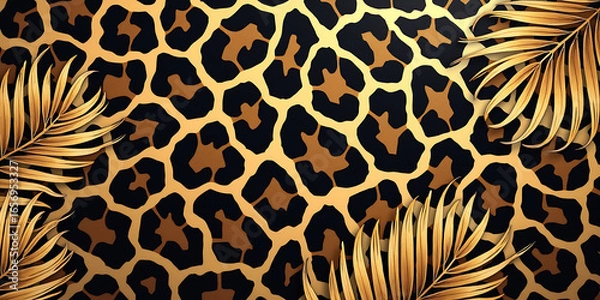 Fototapeta Leopard, print and pattern. Vector illustration of trendy modern seamless spotted leopard animal skin texture with golden, tropical palm leaves for background, label or card