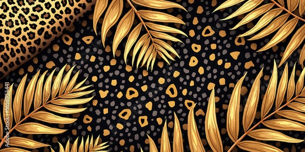 Fototapeta Leopard, print and pattern. Vector illustration of trendy modern seamless spotted leopard animal skin texture with golden, tropical palm leaves for background, label or card